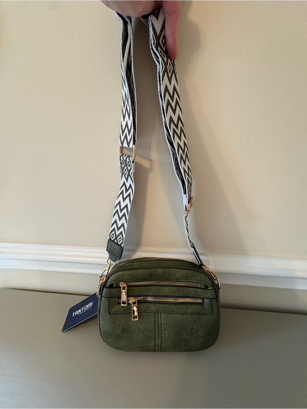 Olive Green Crossbody with Patterned Adjustable Strap